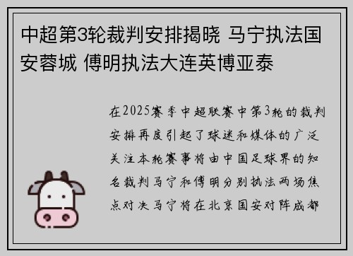 中超第3轮裁判安排揭晓 马宁执法国安蓉城 傅明执法大连英博亚泰